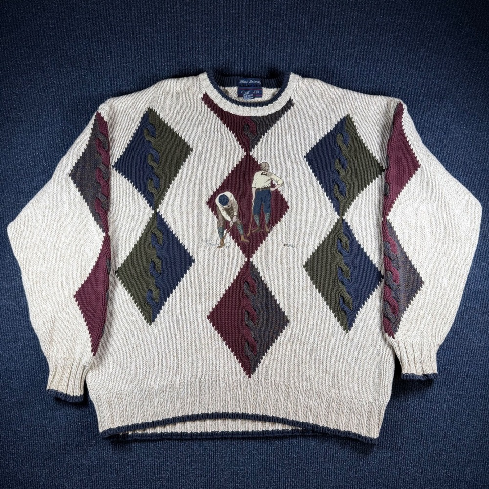 Vintage Gant Hand Intarsia Golf Sweater Mens Large Beige Cotton
